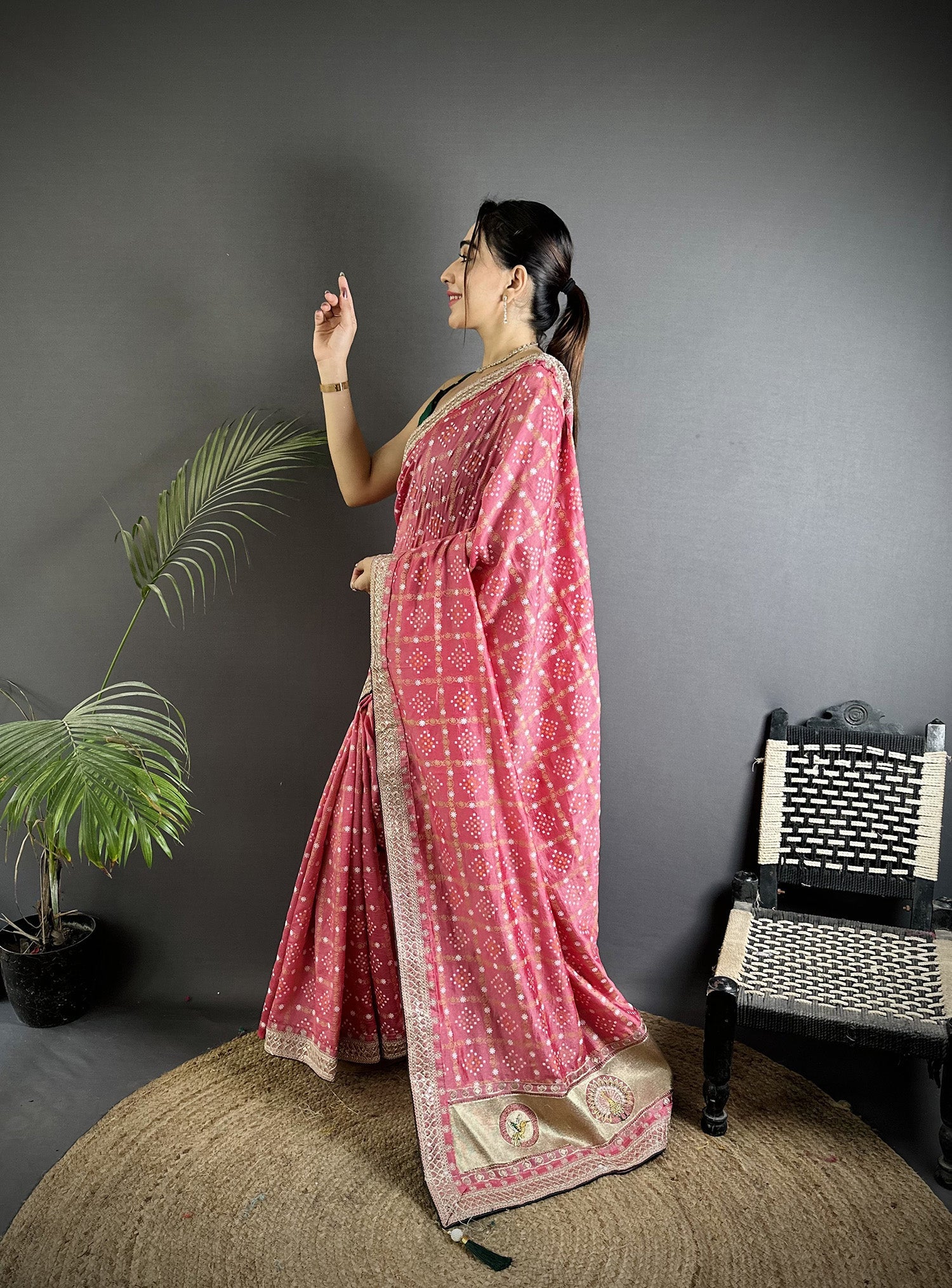 Elora Dusty Pink Vichitra Silk Bandhej Bandhani With Stone & Sequence Work Saree | Grocsy