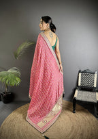 Elora Dusty Pink Vichitra Silk Bandhej Bandhani With Stone & Sequence Work Saree | Grocsy
