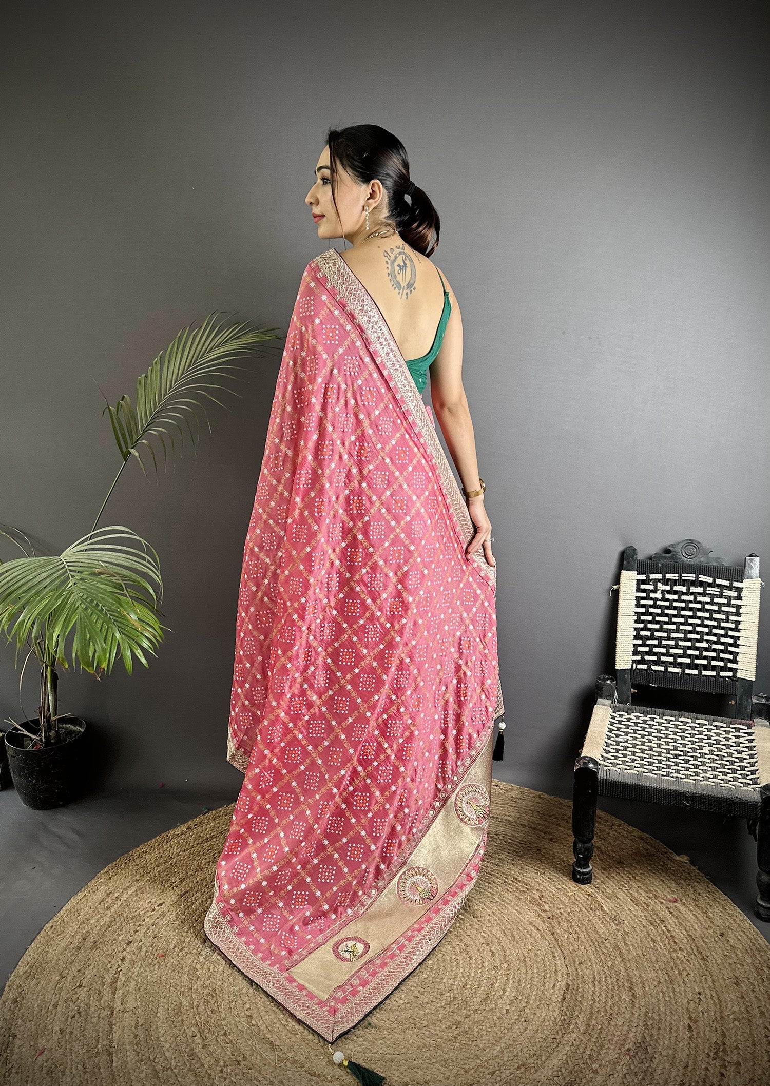 Elora Dusty Pink Vichitra Silk Bandhej Bandhani With Stone & Sequence Work Saree | Grocsy
