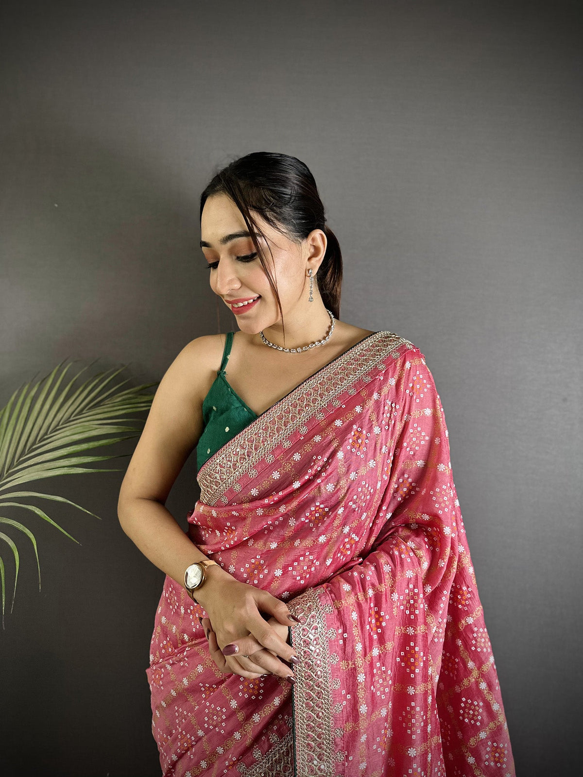 Elora Dusty Pink Vichitra Silk Bandhej Bandhani With Stone & Sequence Work Saree | Grocsy
