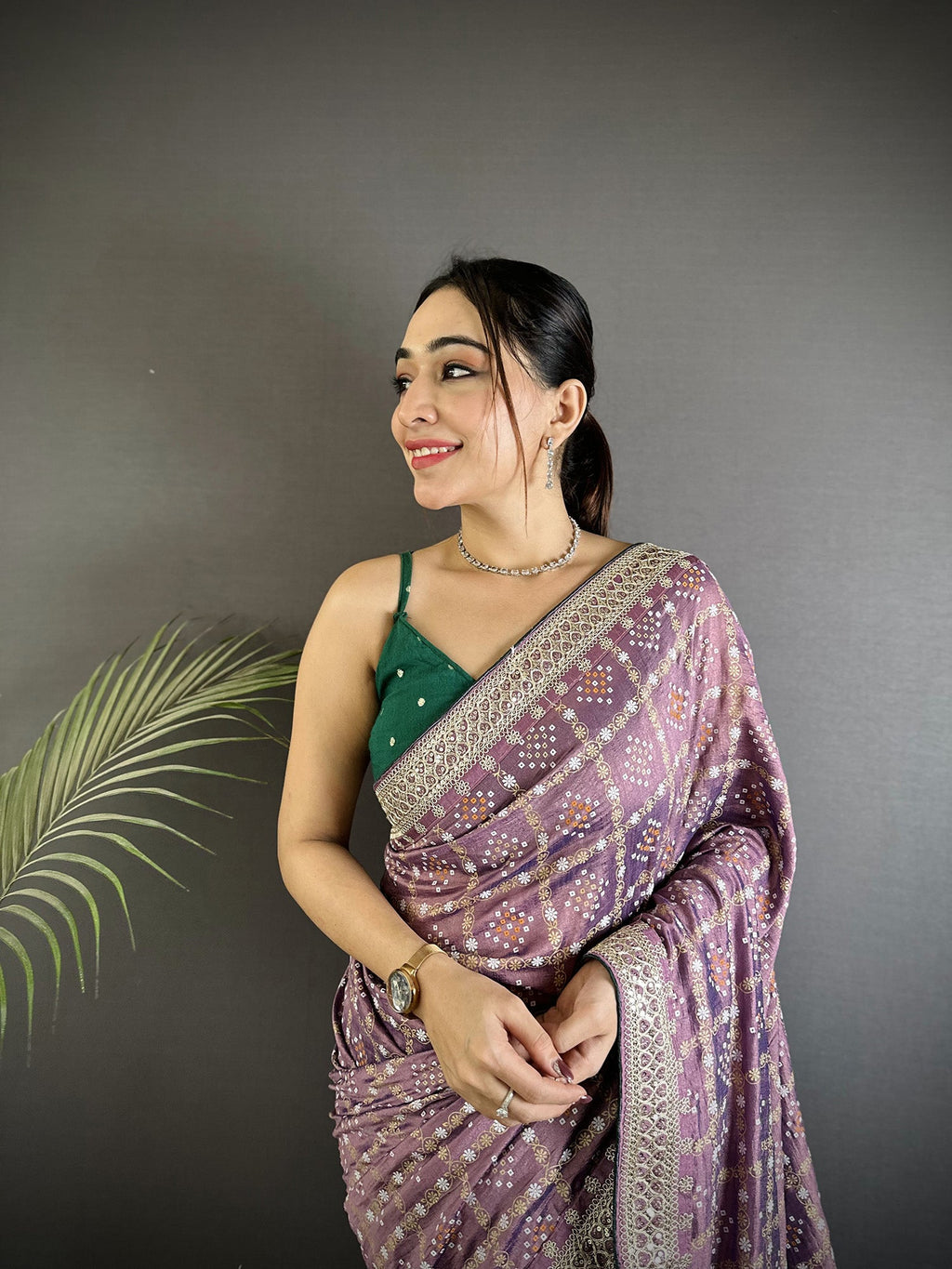 Elora Lavender Vichitra Silk Bandhej Bandhani With Stone & Sequence Work Saree | Grocsy