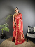 Elora Peach Soft Silk Banarasi Zari Woven Butti Weaving Saree | Grocsy