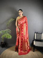Elora Peach Soft Silk Banarasi Zari Woven Butti Weaving Saree | Grocsy