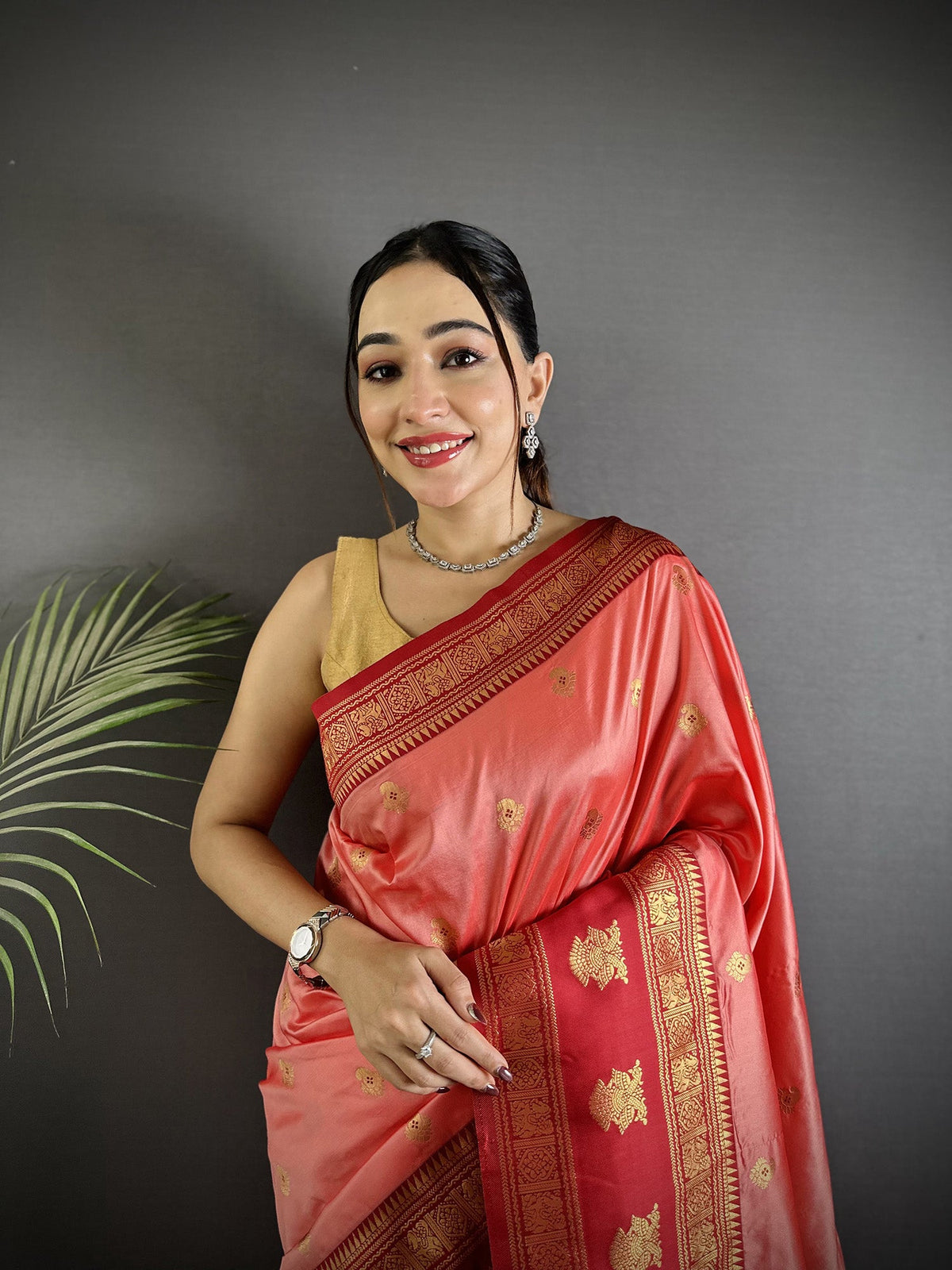 Elora Peach Soft Silk Banarasi Zari Woven Butti Weaving Saree | Grocsy