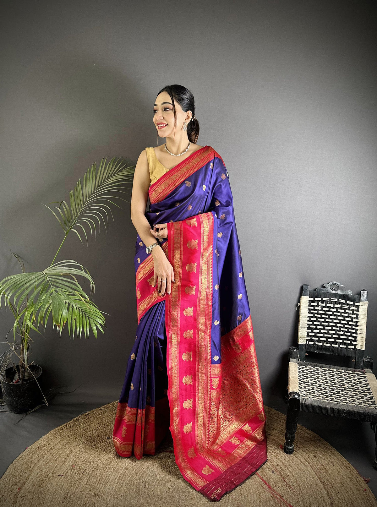 Elora Navy Blue Soft Silk Banarasi Zari Woven Butti Weaving Saree | Grocsy