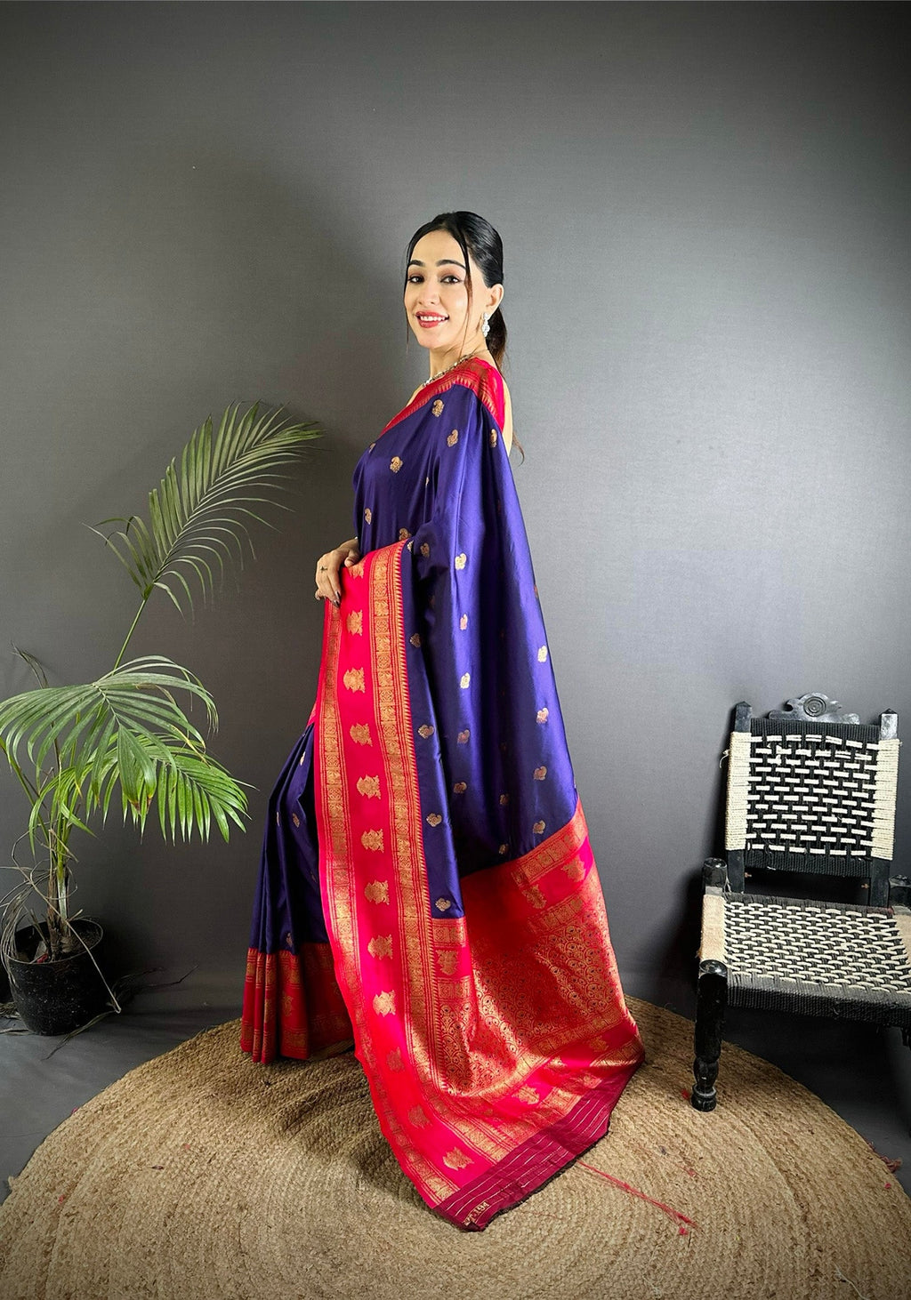 Elora Navy Blue Soft Silk Banarasi Zari Woven Butti Weaving Saree | Grocsy