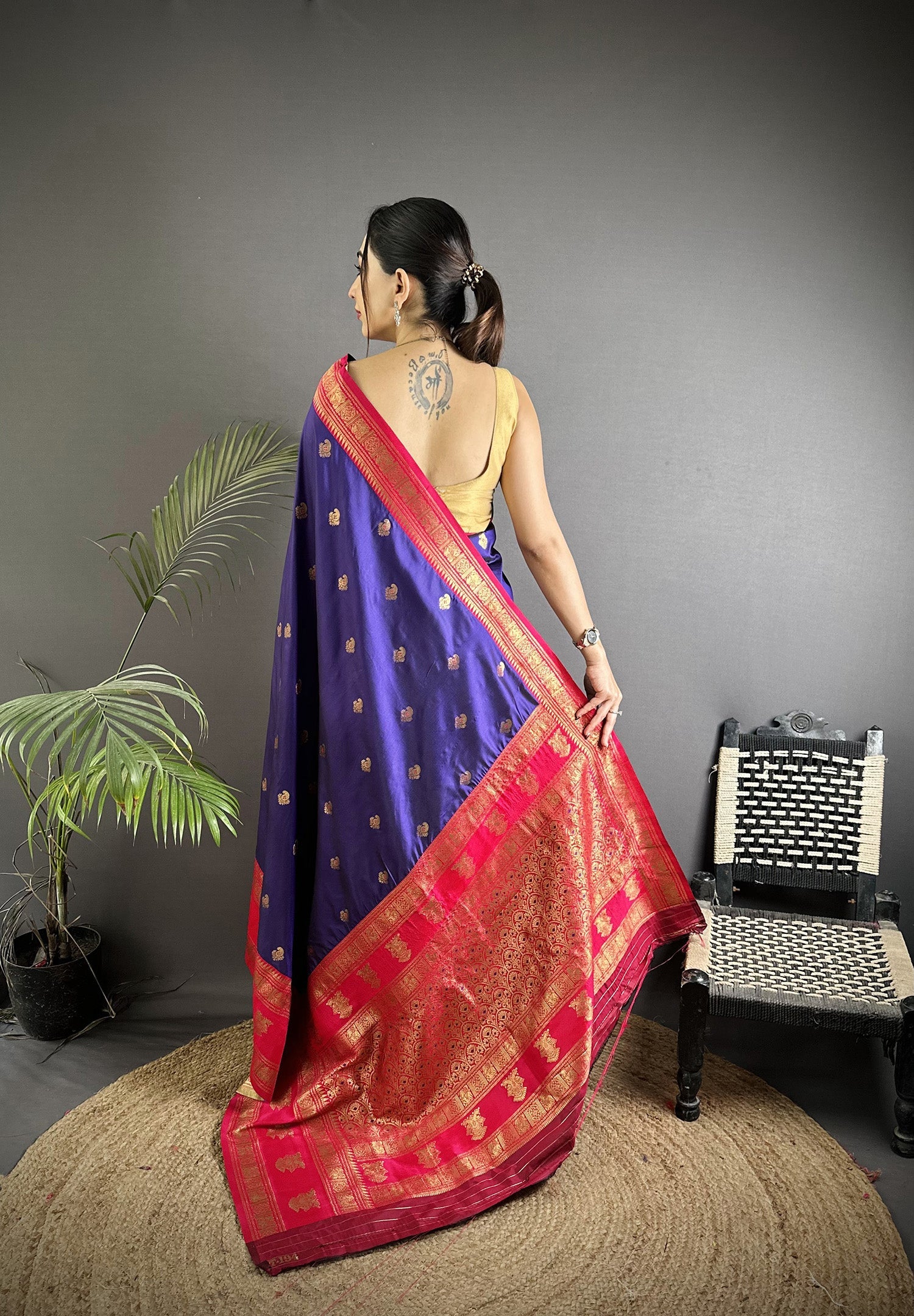 Elora Navy Blue Soft Silk Banarasi Zari Woven Butti Weaving Saree | Grocsy