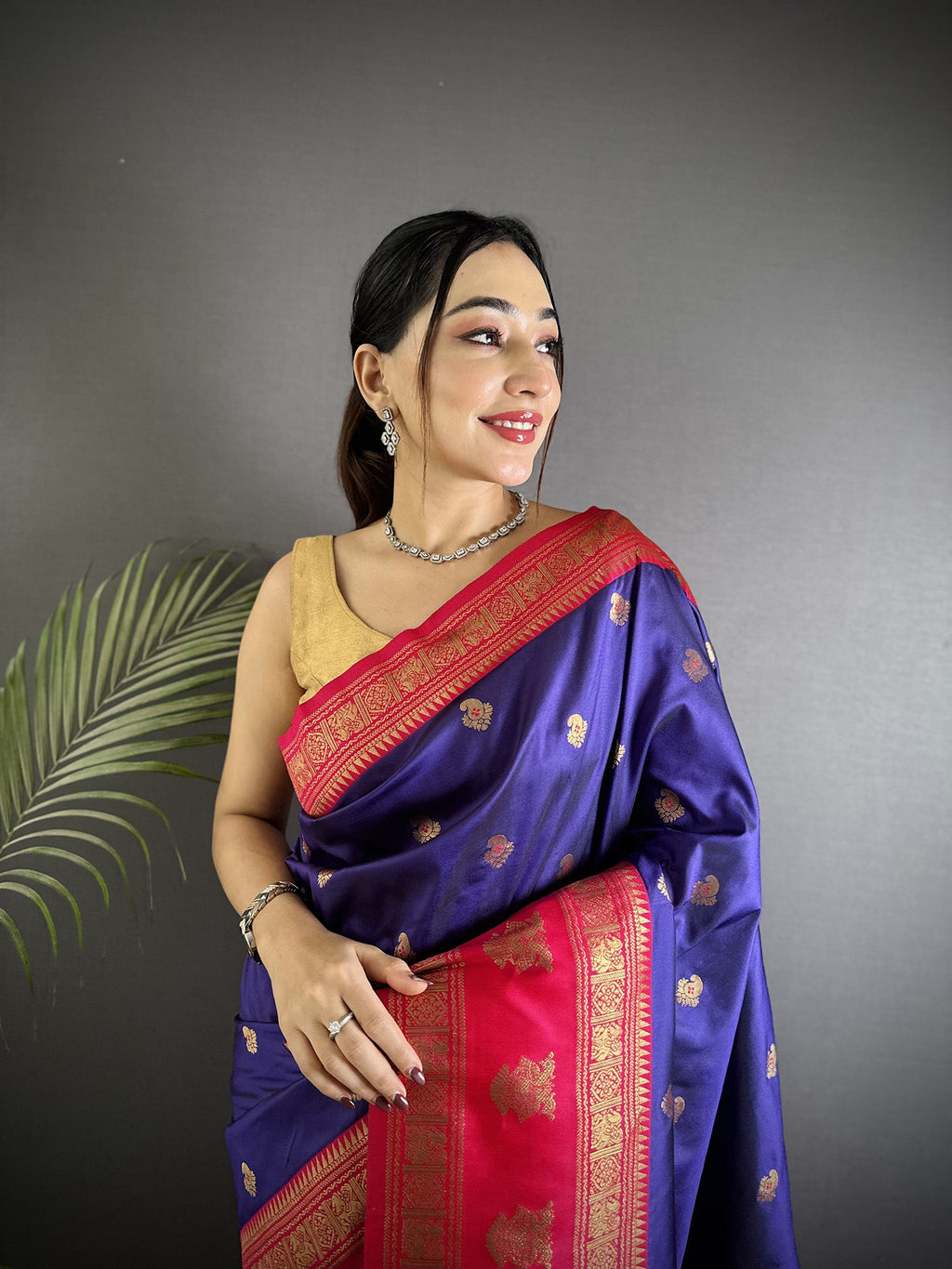 Elora Navy Blue Soft Silk Banarasi Zari Woven Butti Weaving Saree | Grocsy