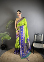 Elora Parrot Green Soft Silk Banarasi Zari Woven Butti Weaving Saree | Grocsy