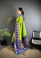 Elora Parrot Green Soft Silk Banarasi Zari Woven Butti Weaving Saree | Grocsy