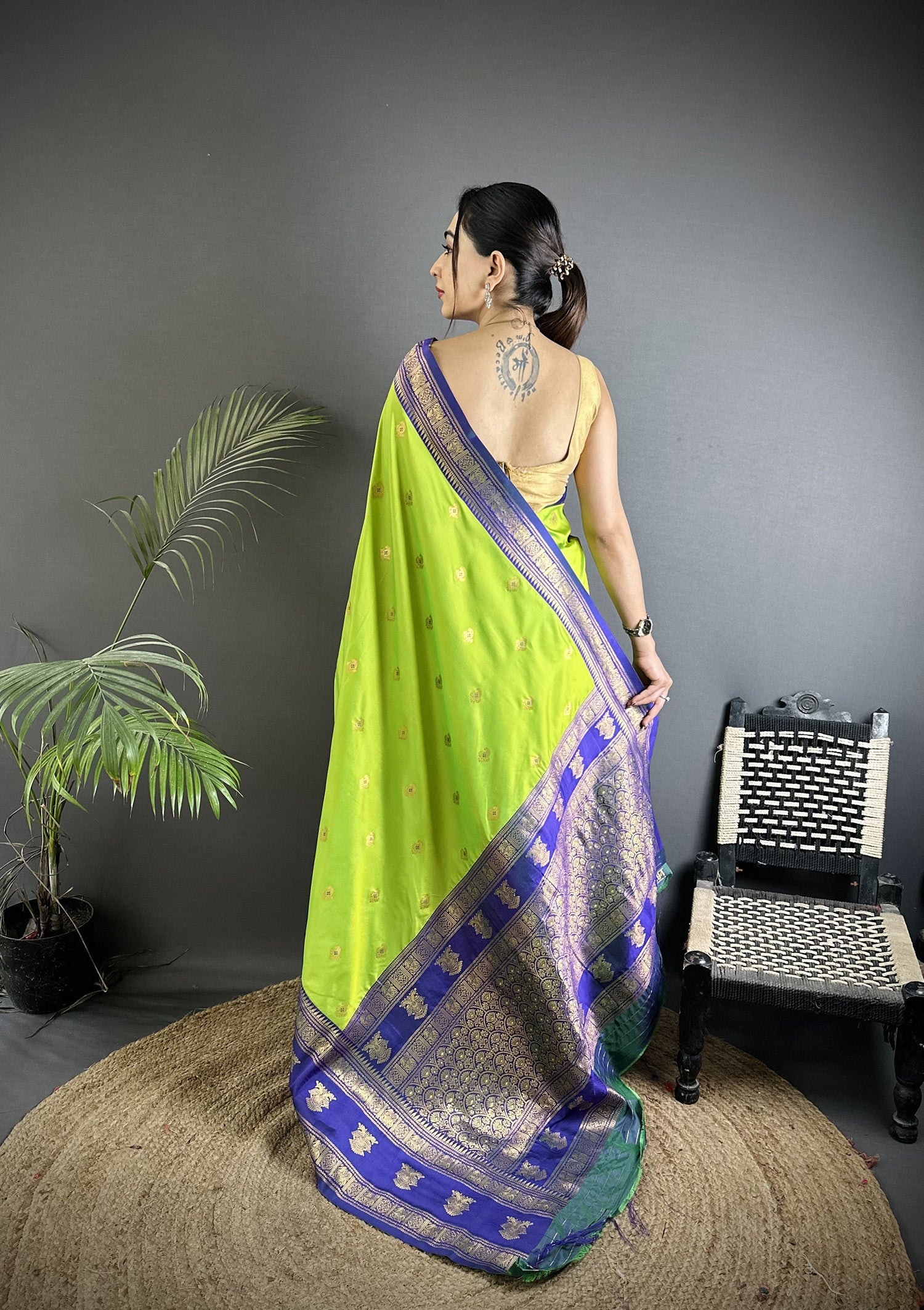 Elora Parrot Green Soft Silk Banarasi Zari Woven Butti Weaving Saree | Grocsy