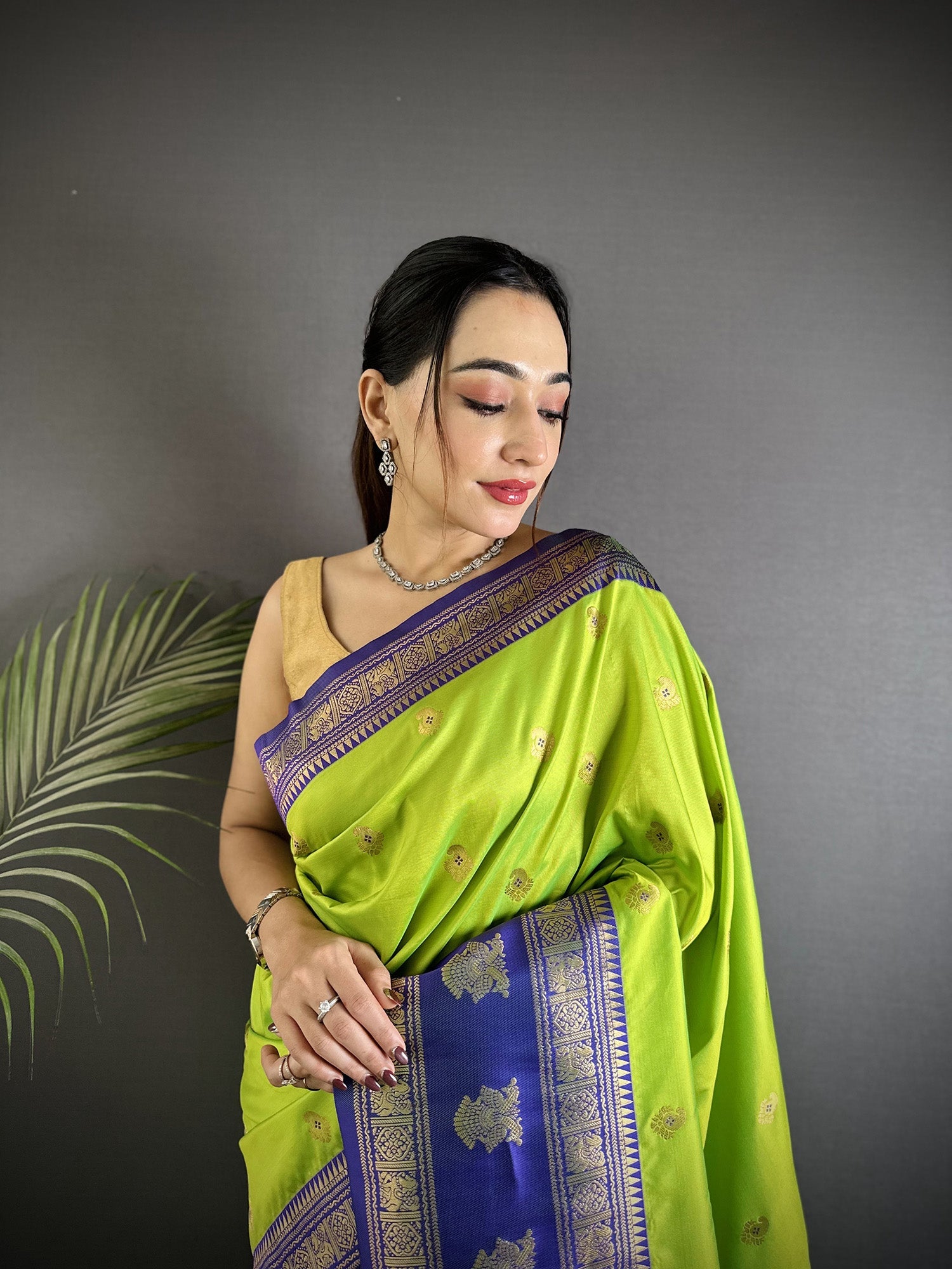 Elora Parrot Green Soft Silk Banarasi Zari Woven Butti Weaving Saree | Grocsy
