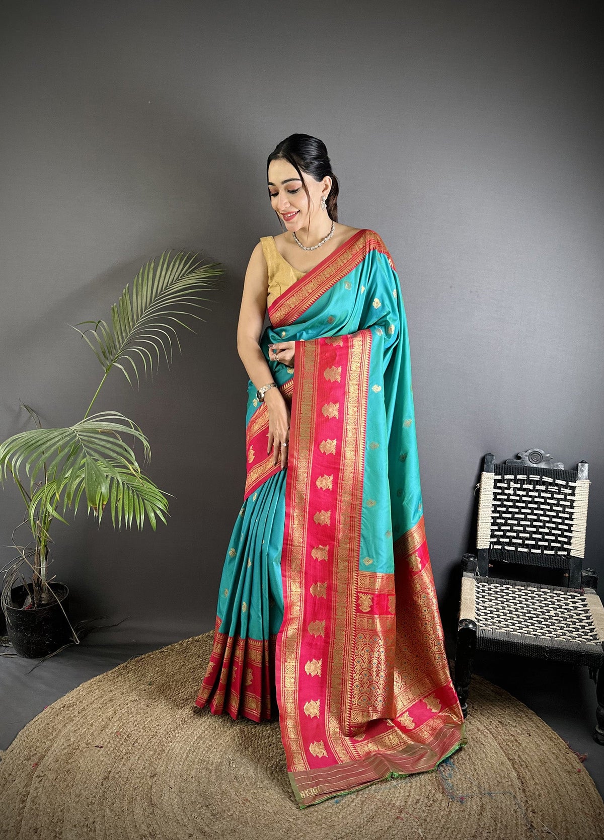 Elora Sea Green Soft Silk Banarasi Zari Woven Butti Weaving Saree | Grocsy