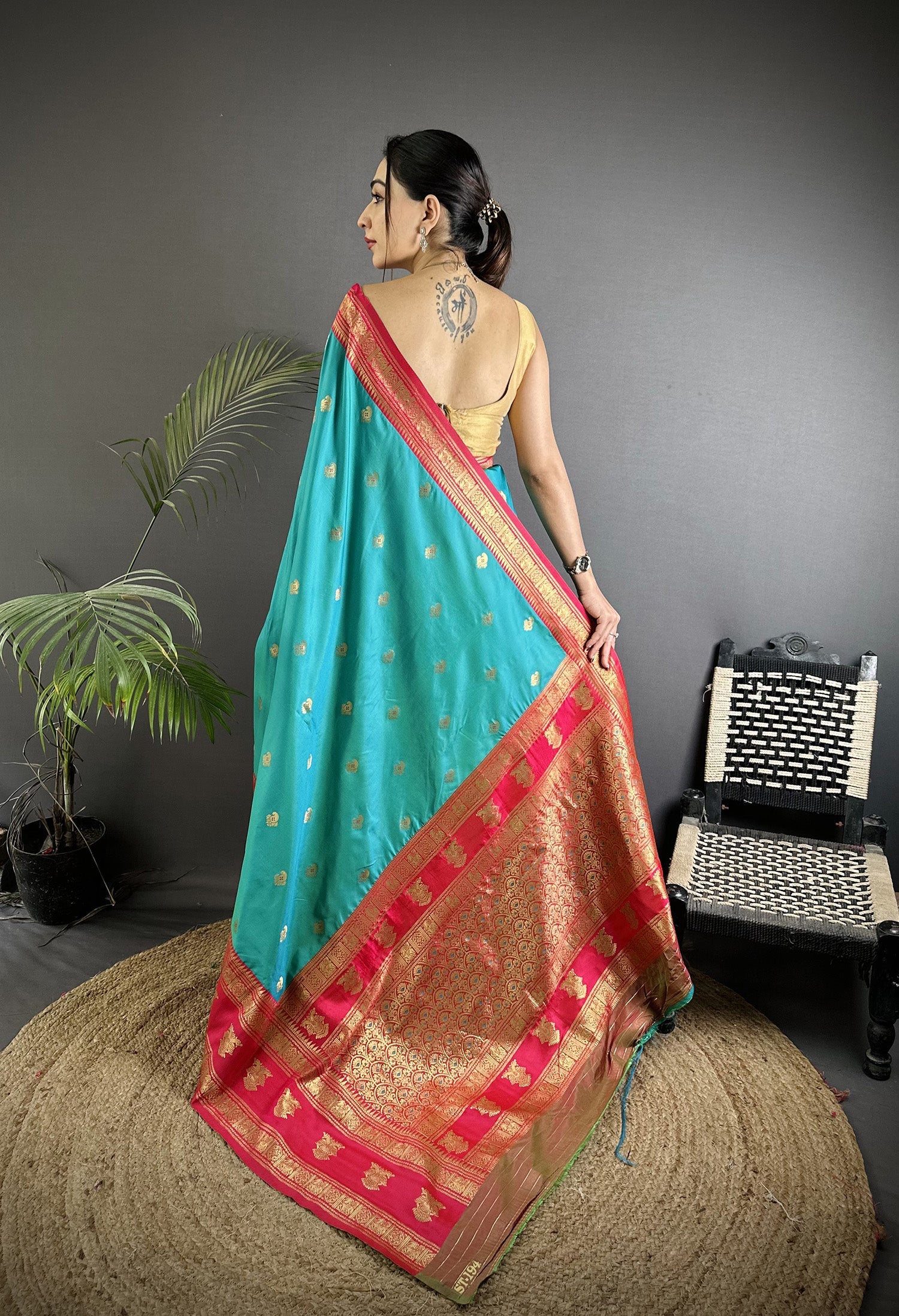 Elora Sea Green Soft Silk Banarasi Zari Woven Butti Weaving Saree | Grocsy