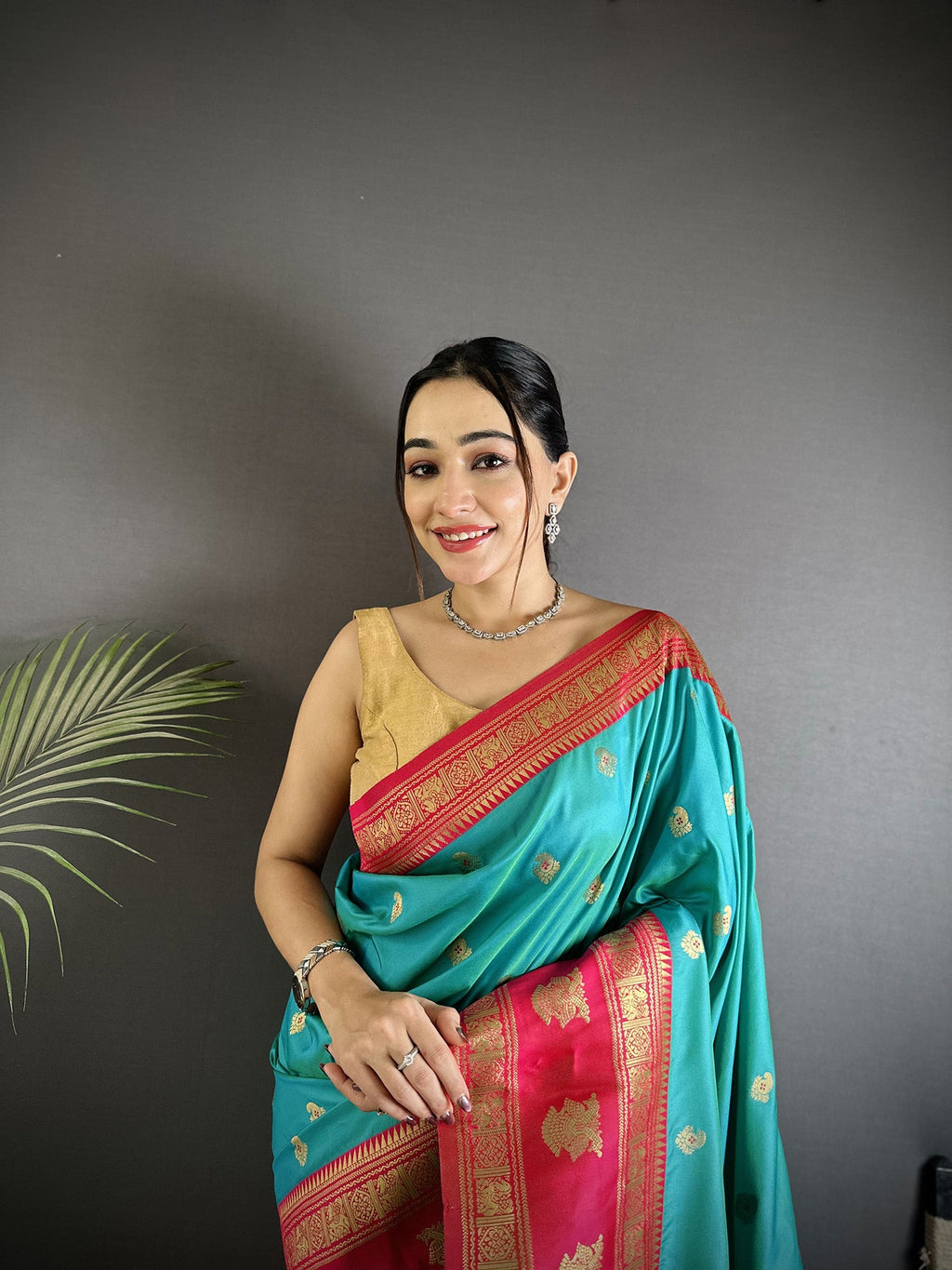Elora Sea Green Soft Silk Banarasi Zari Woven Butti Weaving Saree | Grocsy