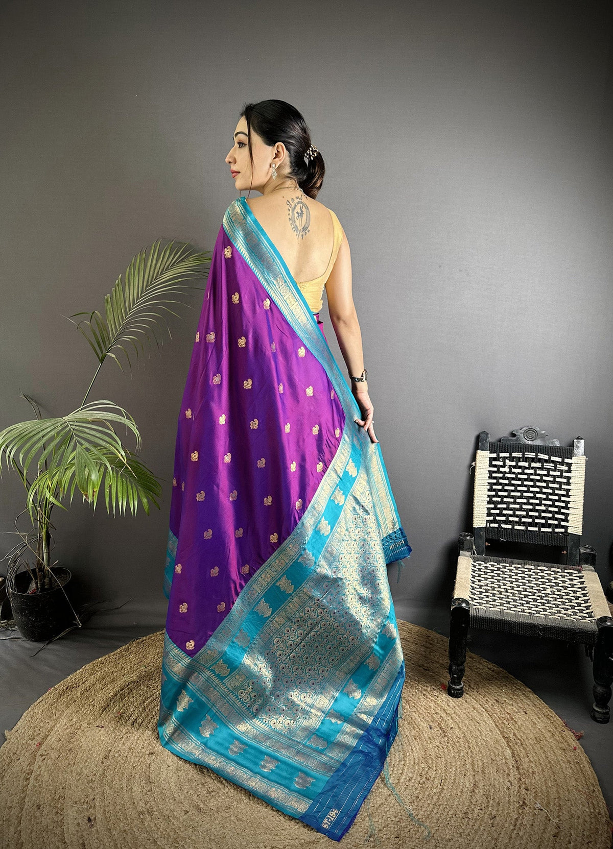 Elora Purple Soft Silk Banarasi Zari Woven Butti Weaving Saree | Grocsy