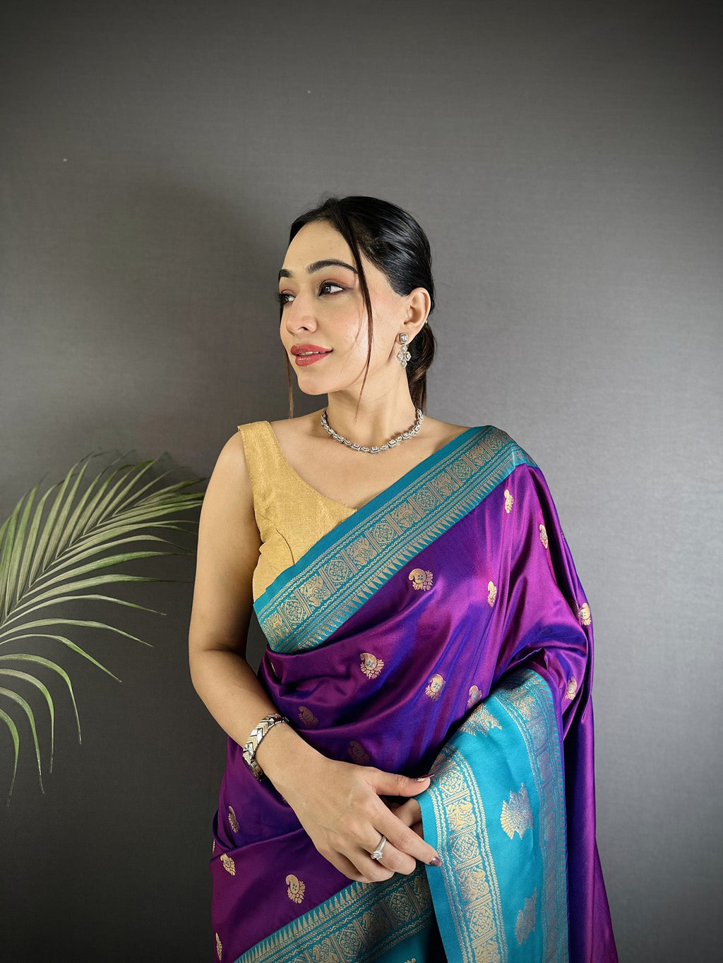 Elora Purple Soft Silk Banarasi Zari Woven Butti Weaving Saree | Grocsy