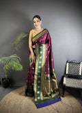 Elora Wine Soft Silk Banarasi Zari Woven Butti Weaving Saree | Grocsy