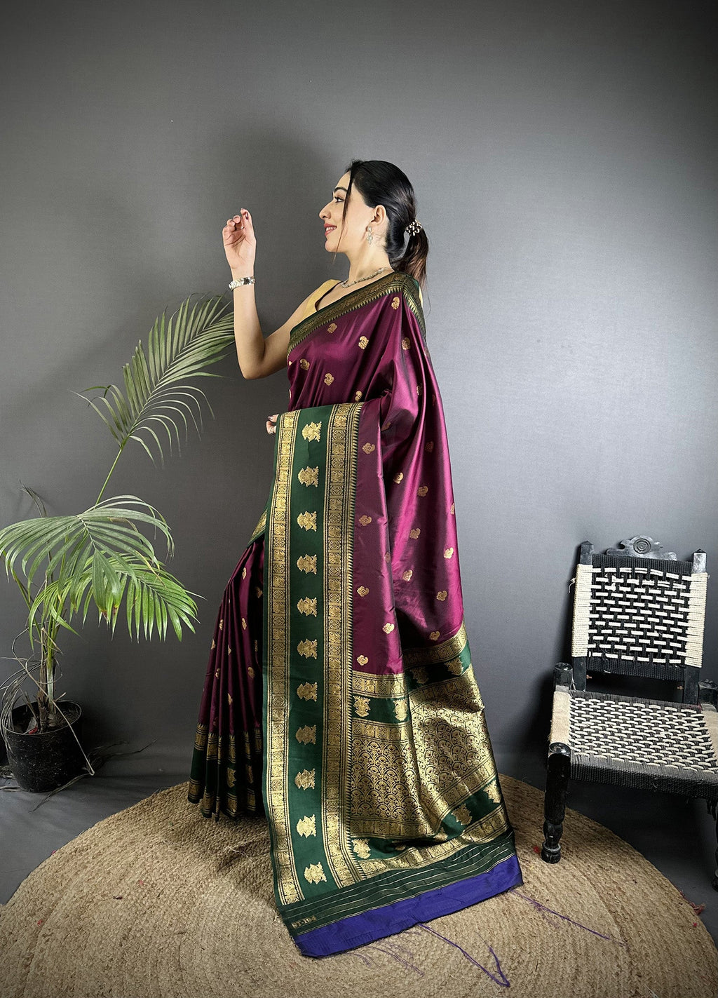 Elora Wine Soft Silk Banarasi Zari Woven Butti Weaving Saree | Grocsy