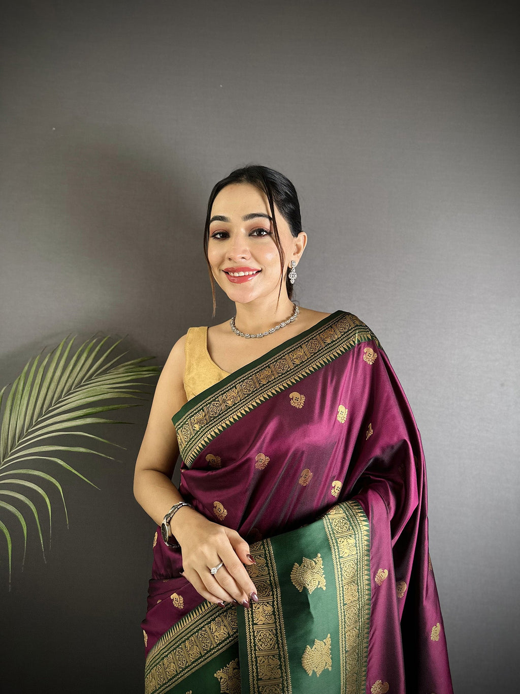 Elora Wine Soft Silk Banarasi Zari Woven Butti Weaving Saree | Grocsy