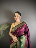 Elora Wine Soft Silk Banarasi Zari Woven Butti Weaving Saree | Grocsy