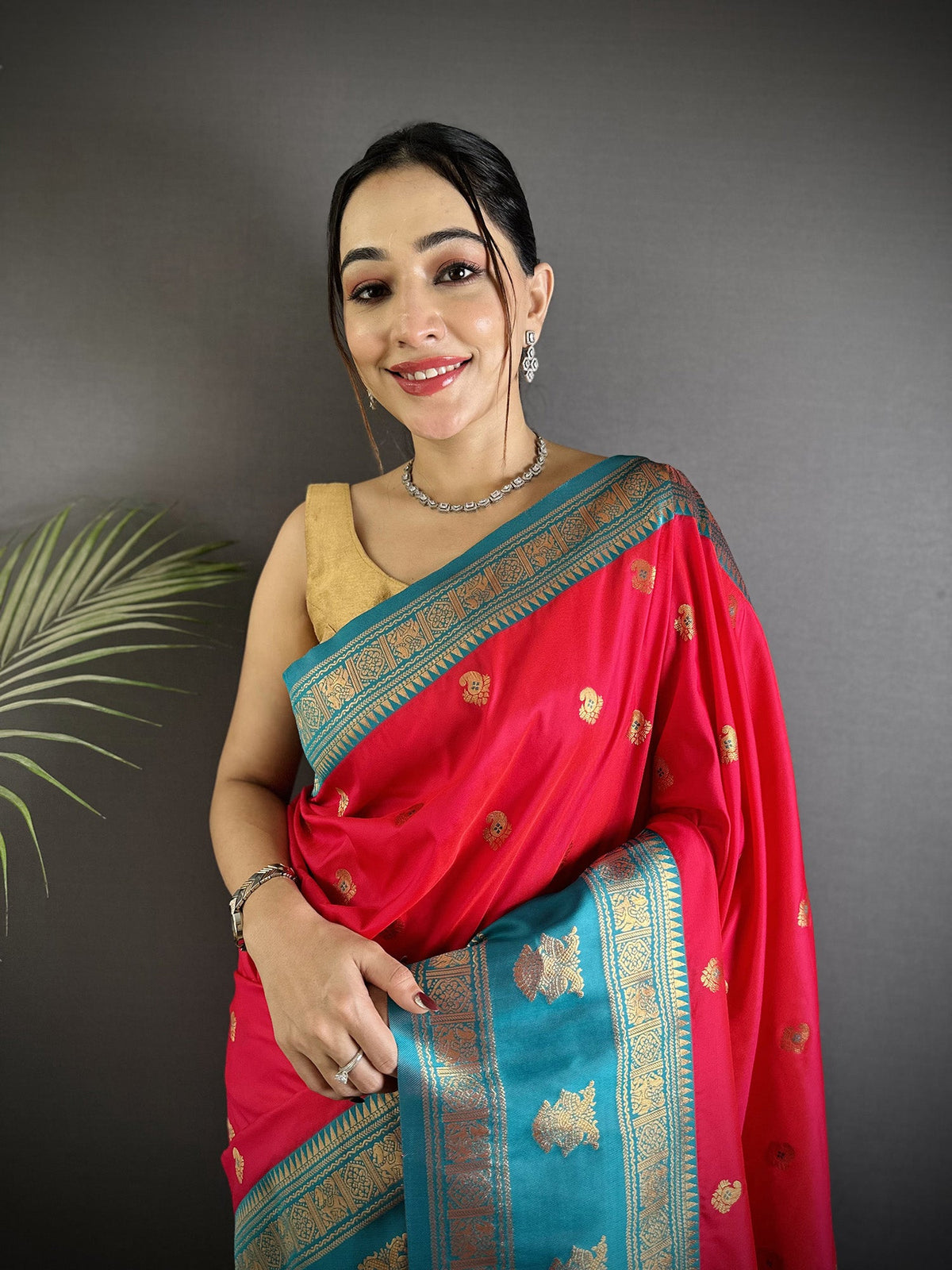 Elora Hot Pink Soft Silk Banarasi Zari Woven Butti Weaving Saree | Grocsy