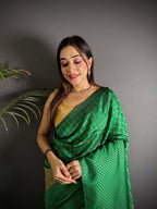 Elora Emerald Green Soft Lichi Silk Banarasi Khicha Zari Work Saree | Grocsy