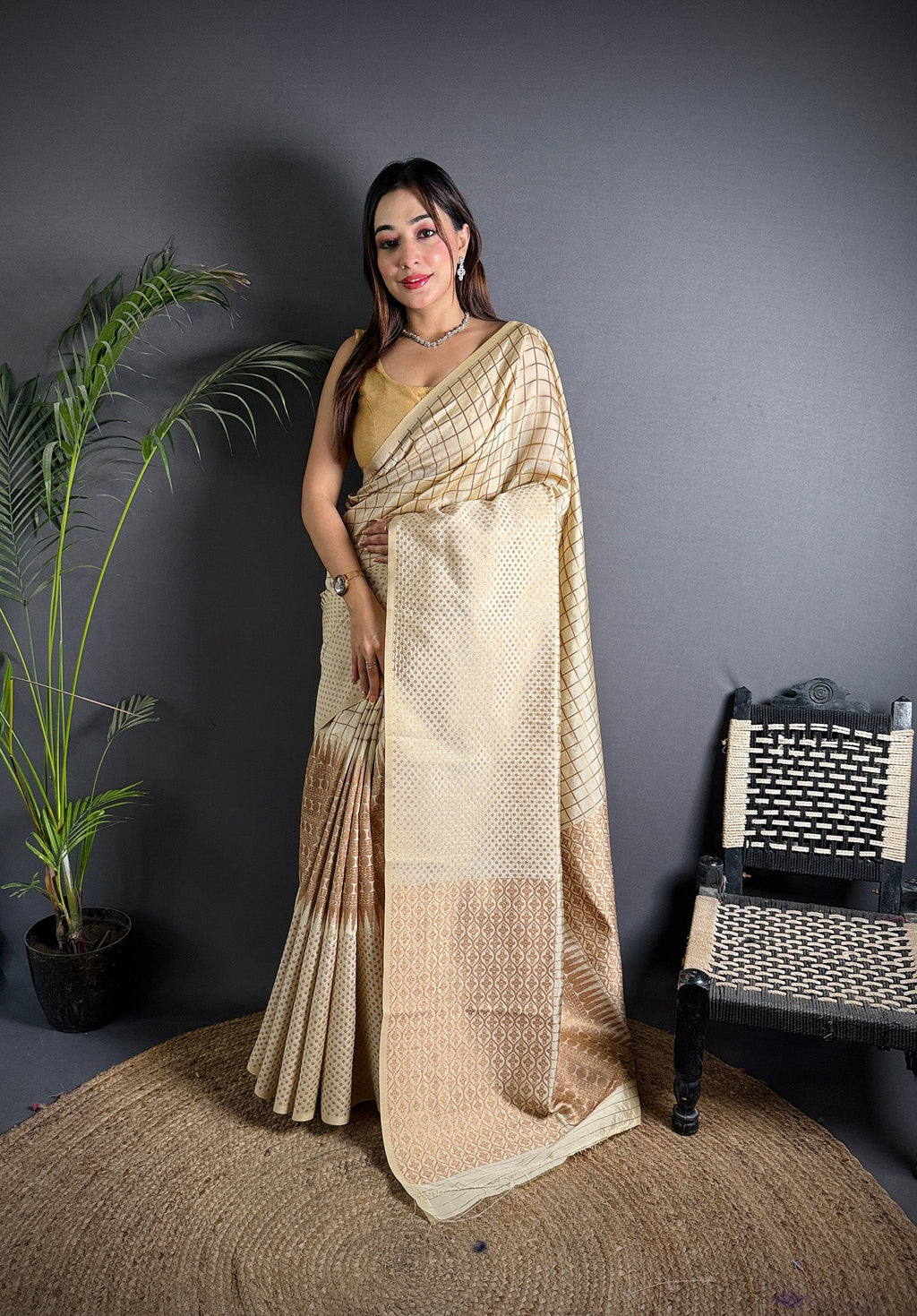 Elora Off White Soft Lichi Silk Banarasi Khicha Zari Work Saree | Grocsy