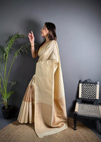 Elora Off White Soft Lichi Silk Banarasi Khicha Zari Work Saree | Grocsy