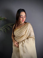 Elora Off White Soft Lichi Silk Banarasi Khicha Zari Work Saree | Grocsy