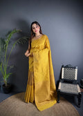 Elora Golden Yellow Soft Lichi Silk Banarasi Khicha Zari Work Saree | Grocsy