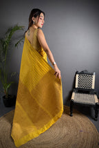 Elora Golden Yellow Soft Lichi Silk Banarasi Khicha Zari Work Saree | Grocsy