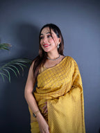 Elora Golden Yellow Soft Lichi Silk Banarasi Khicha Zari Work Saree | Grocsy