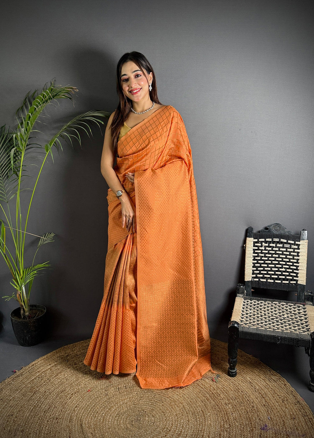 Elora Orange Soft Lichi Silk Banarasi Khicha Zari Work Saree | Grocsy