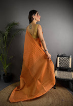 Elora Orange Soft Lichi Silk Banarasi Khicha Zari Work Saree | Grocsy