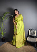 Elora Light Green Soft Lichi Silk Banarasi Khicha Zari Work Saree | Grocsy