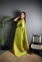 Elora Light Green Soft Lichi Silk Banarasi Khicha Zari Work Saree | Grocsy