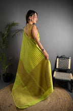 Elora Light Green Soft Lichi Silk Banarasi Khicha Zari Work Saree | Grocsy
