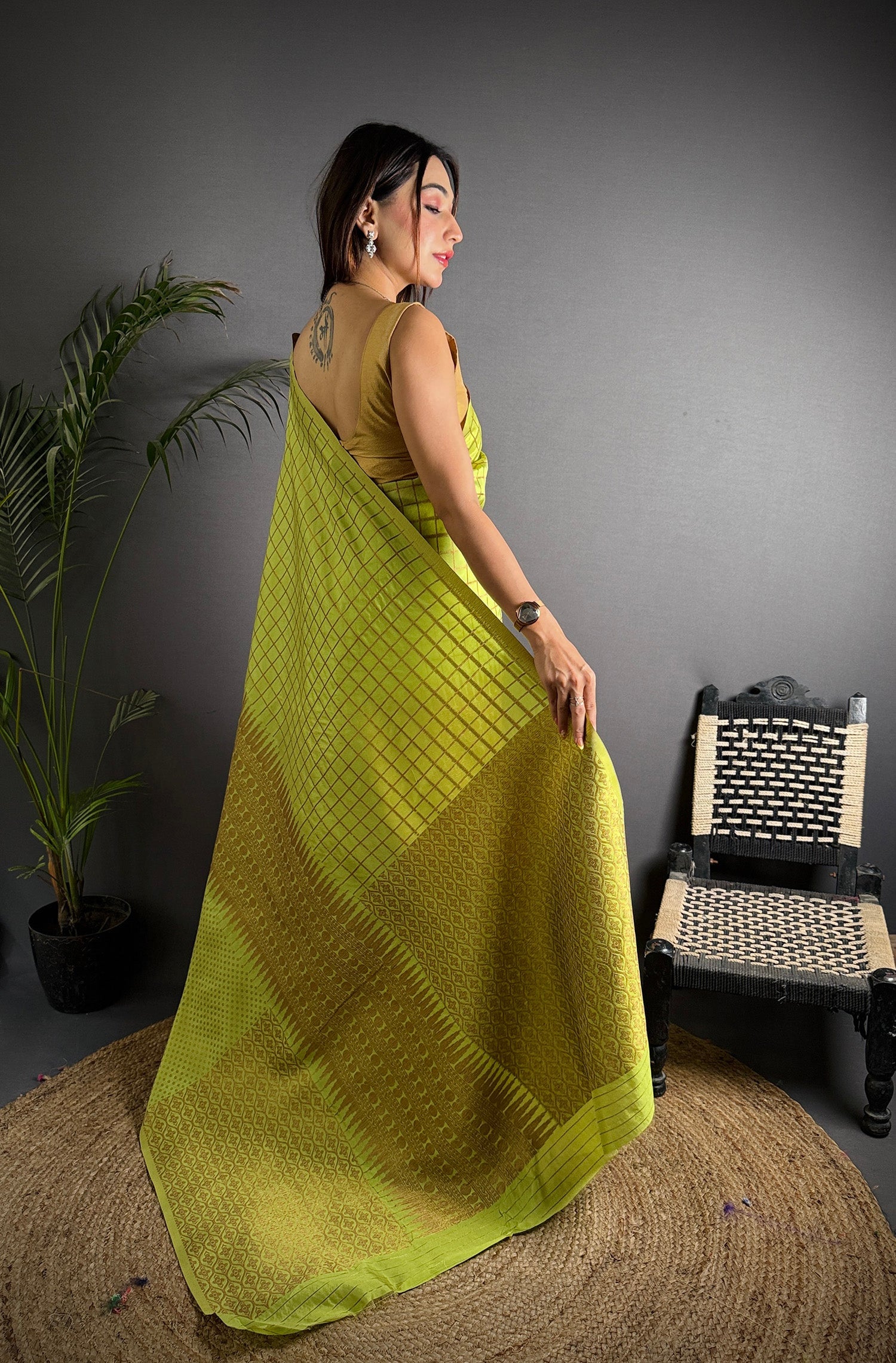 Elora Light Green Soft Lichi Silk Banarasi Khicha Zari Work Saree | Grocsy