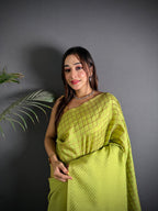 Elora Light Green Soft Lichi Silk Banarasi Khicha Zari Work Saree | Grocsy