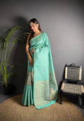 Elora Light Blue Soft Lichi Silk Banarasi Khicha Zari Work Saree | Grocsy