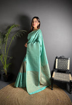Elora Light Blue Soft Lichi Silk Banarasi Khicha Zari Work Saree | Grocsy
