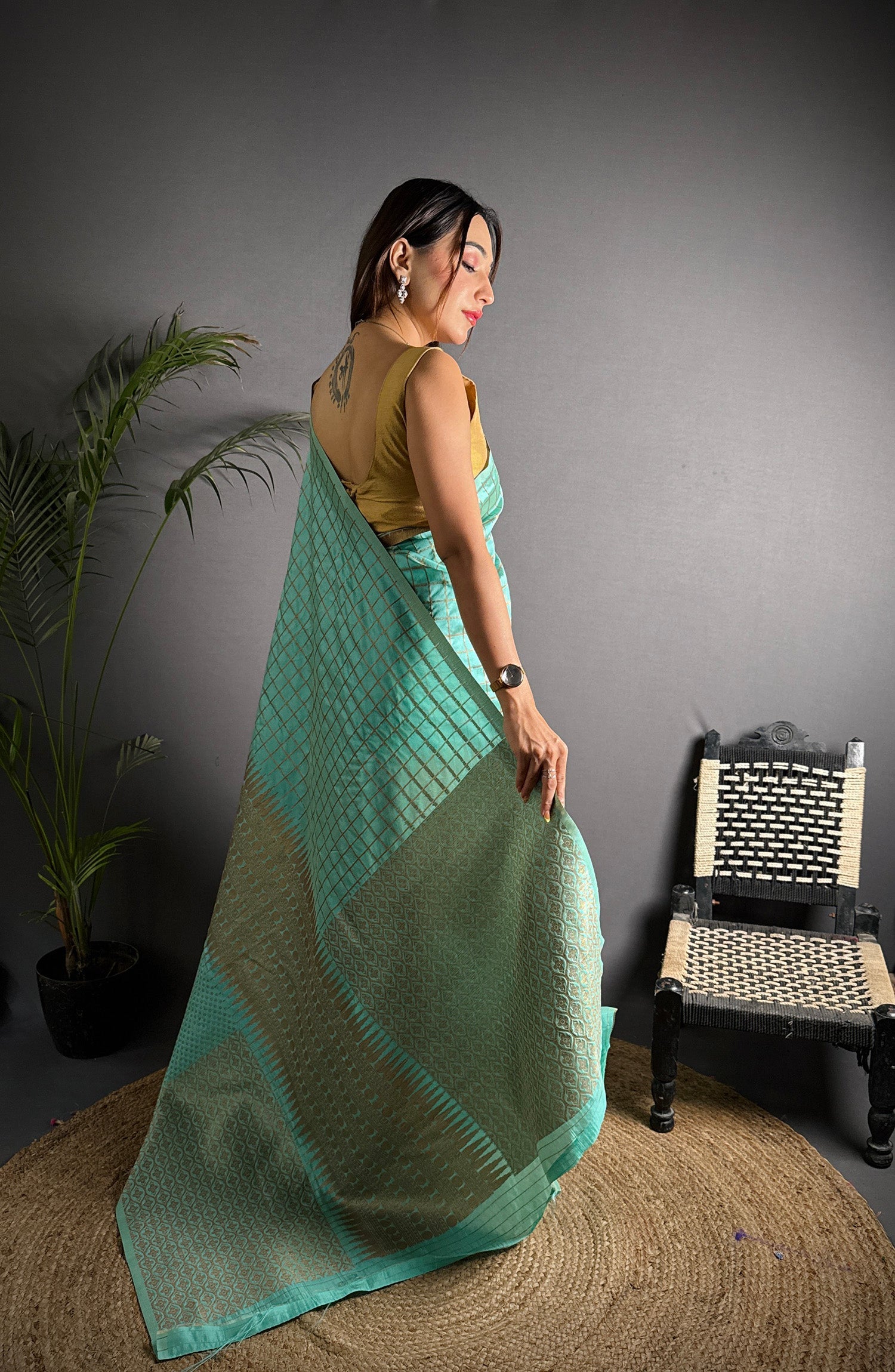 Elora Light Blue Soft Lichi Silk Banarasi Khicha Zari Work Saree | Grocsy