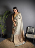 Elora Grey Soft Lichi Silk Banarasi Khicha Zari Work Saree | Grocsy