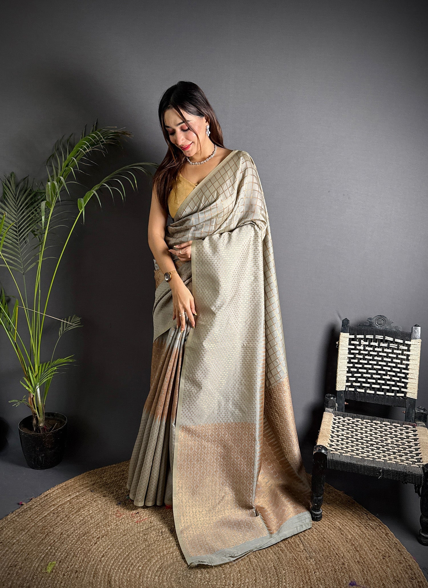 Elora Grey Soft Lichi Silk Banarasi Khicha Zari Work Saree | Grocsy
