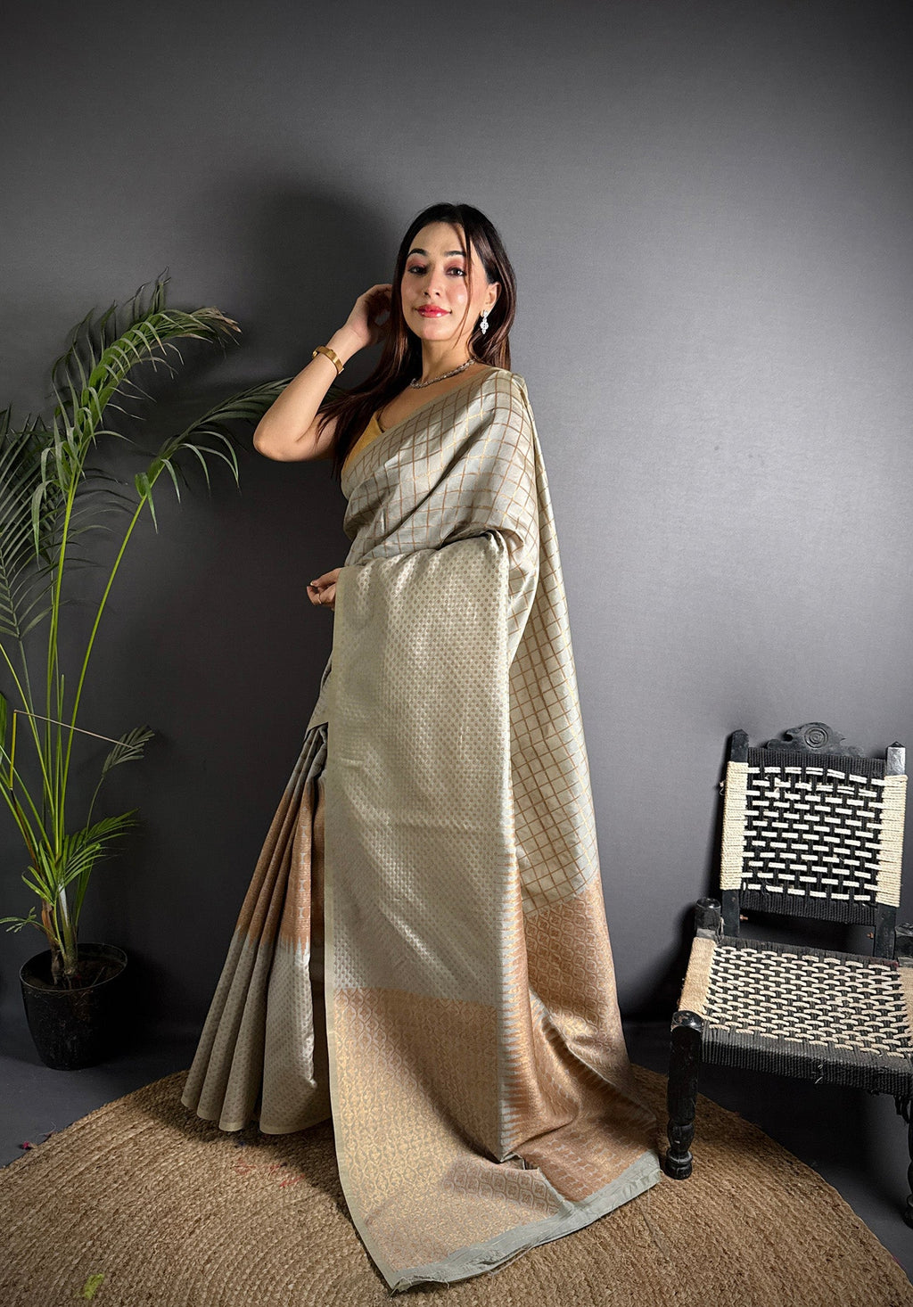 Elora Grey Soft Lichi Silk Banarasi Khicha Zari Work Saree | Grocsy