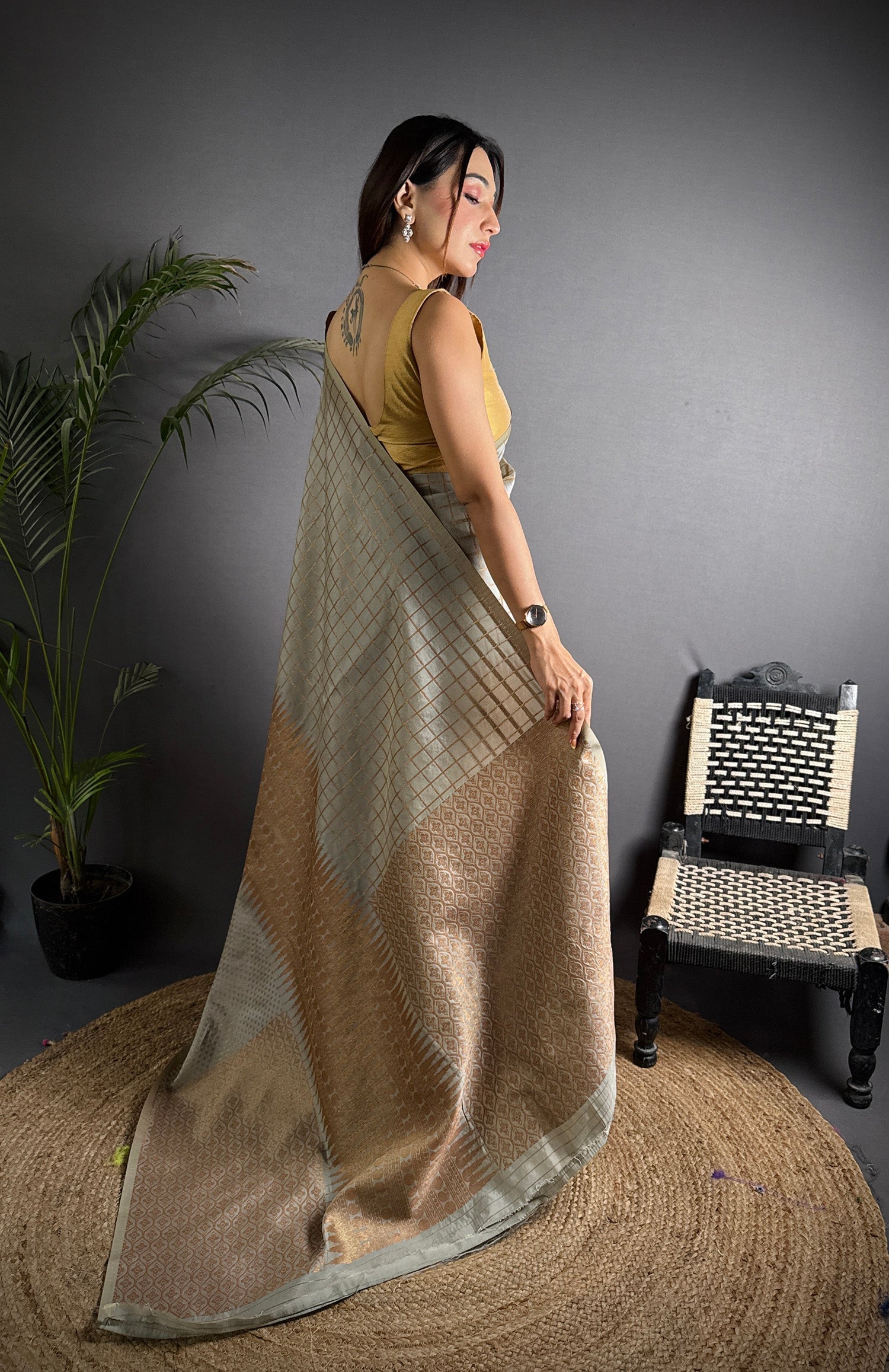 Elora Grey Soft Lichi Silk Banarasi Khicha Zari Work Saree | Grocsy