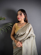 Elora Grey Soft Lichi Silk Banarasi Khicha Zari Work Saree | Grocsy