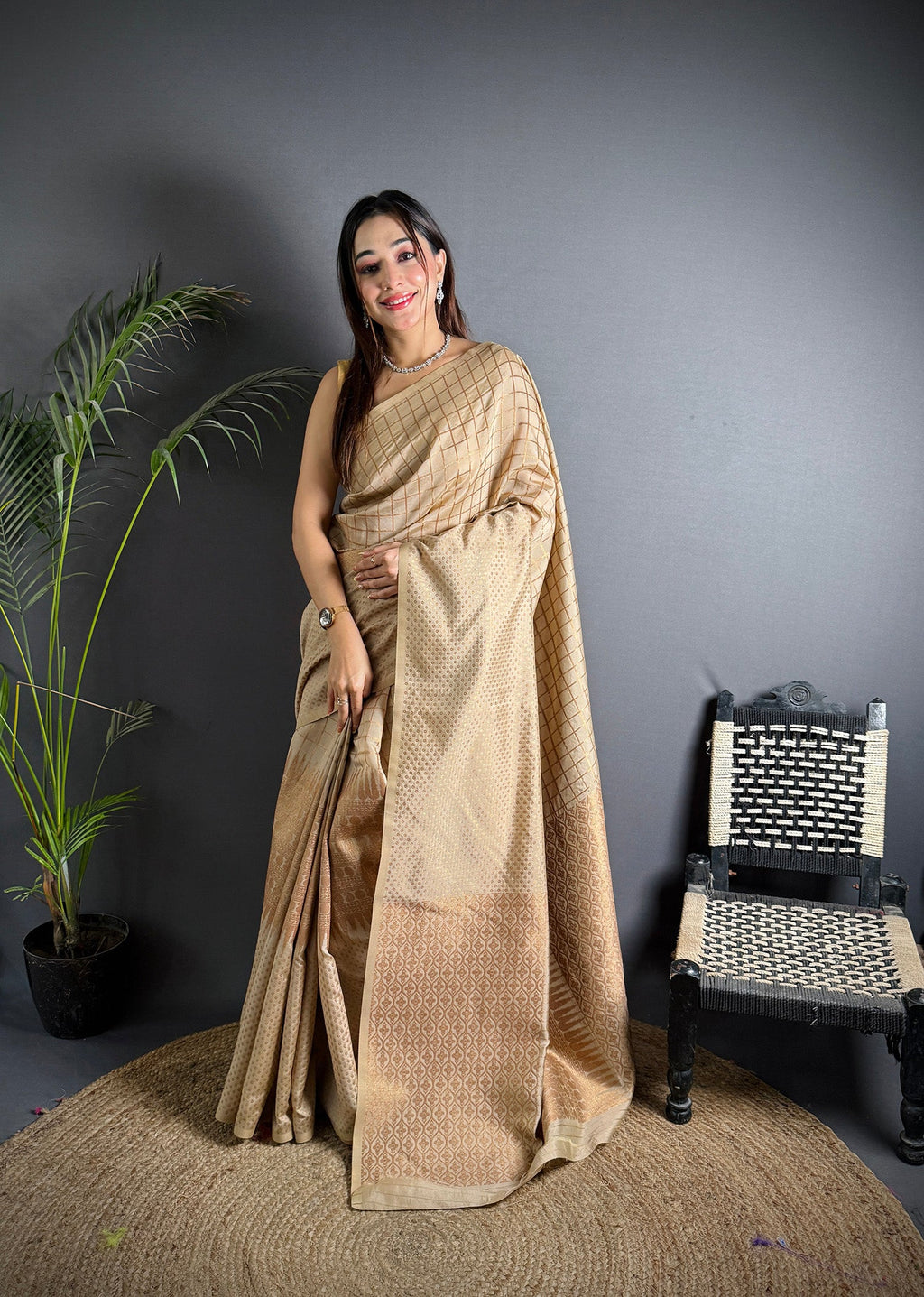 Elora Ivory Soft Lichi Silk Banarasi Khicha Zari Work Saree | Grocsy
