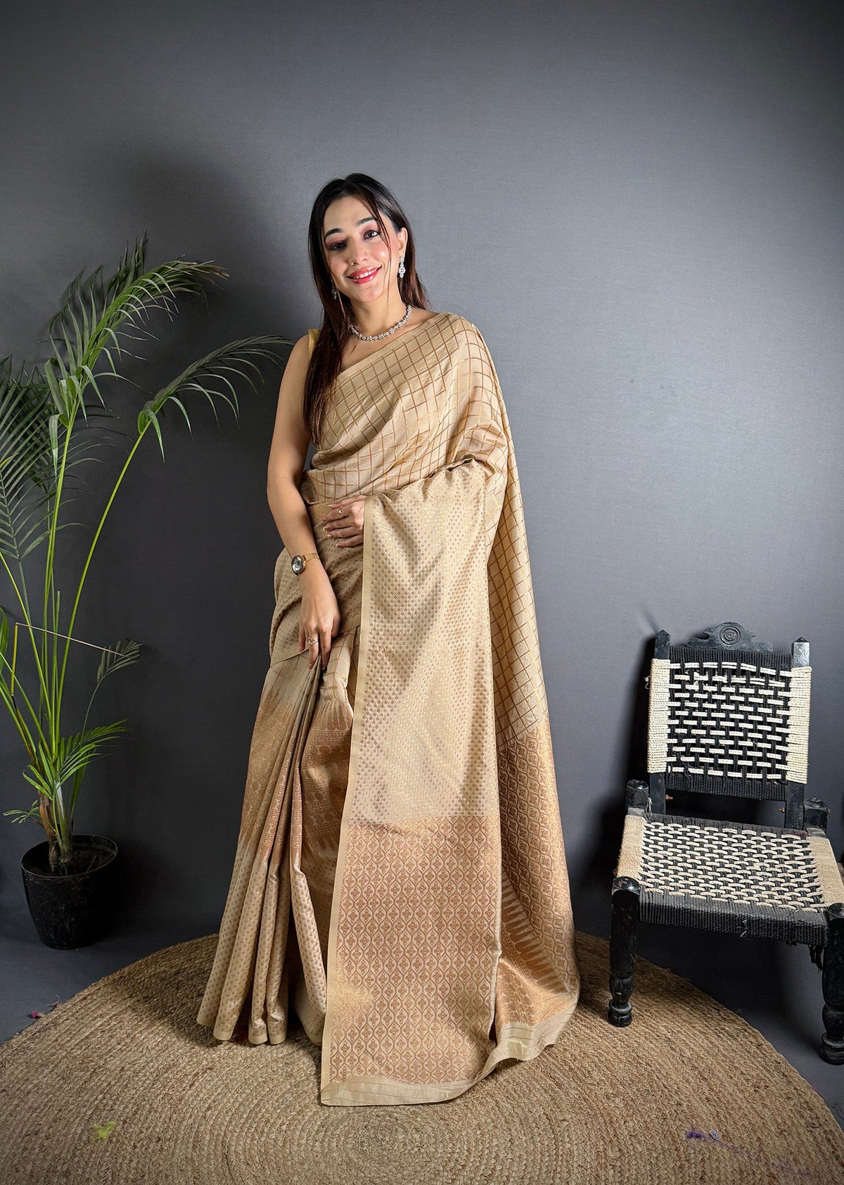 Elora Ivory Soft Lichi Silk Banarasi Khicha Zari Work Saree | Grocsy